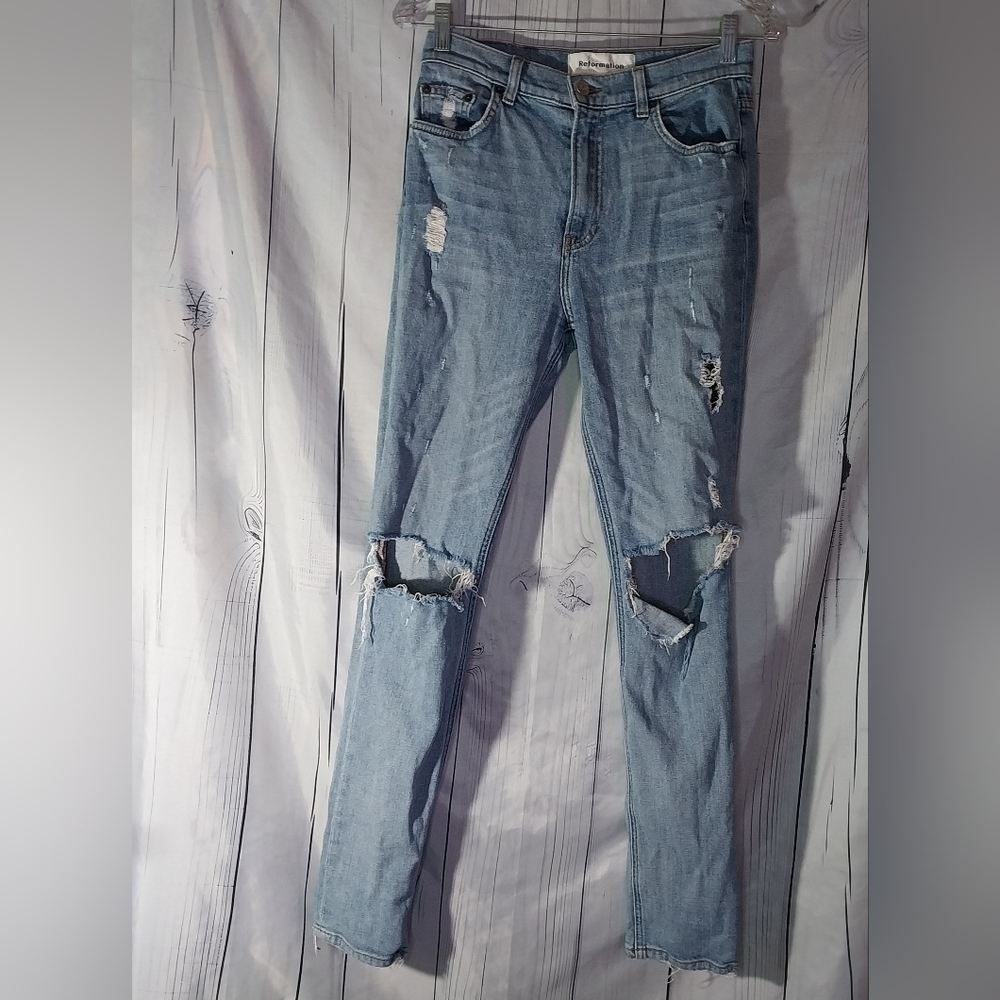 Reformation Distressed Light Blue High Rise Skinny Jeans